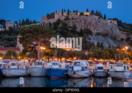 Twilight over the harbor town of Cassis along the Cote d'Azur, Bouches-du-Rhone, Provence France Stock Photo