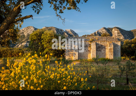 Sunrise over Chapelle de Romanin and the mountains of the Alpilles near Saint Remy de-Provence, France Stock Photo