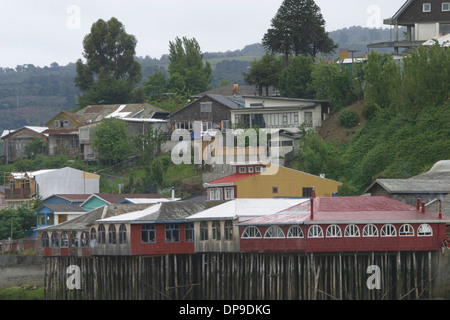 Houses built on stilts (pala fitos) are common on Chiloe Island, city of Castro is the Capital of Chiloe province, Chile Stock Photo