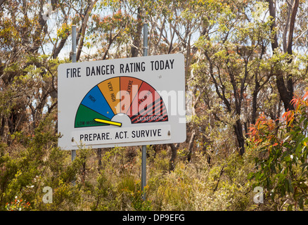 Fire Danger warning sign for bush fire forest fires in Blue Mountains, New South Wales, Australia Stock Photo