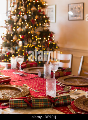 Christmas table place setting on Christmas Day Stock Photo