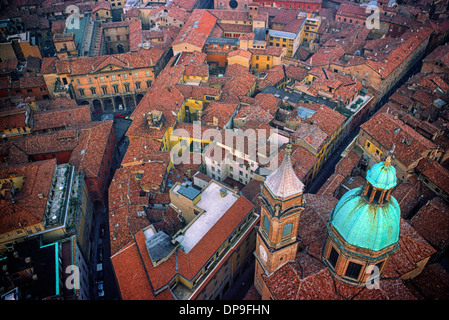 View from Asinelli tower over centre of Bologna. Stock Photo