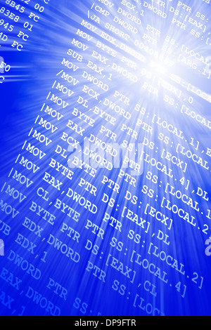 Assembler computer program source code with glowing rays Stock Photo