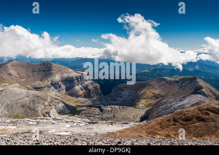 View towards the Ordesa Valley and Punta Tabacor from Le Taillon in the French / Spanish Pyrenees Stock Photo