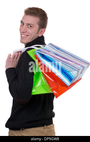 Young man with shopping bags, isolated on a white background Stock Photo