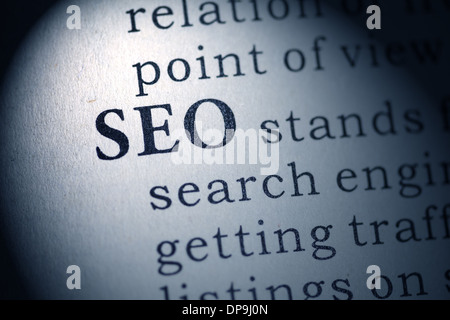 Fake Dictionary, Dictionary definition of the word SEO. Search engine optimization Stock Photo