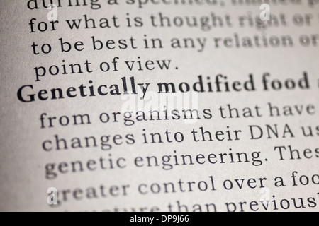 Fake Dictionary, Dictionary definition of Genetically modified food. Stock Photo