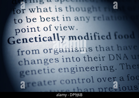 Fake Dictionary, Dictionary definition of Genetically modified food. Stock Photo