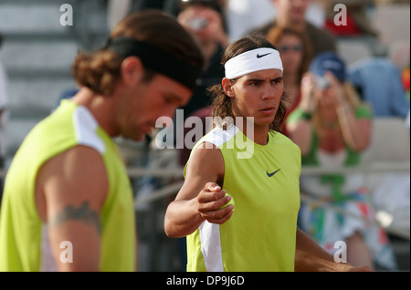 Spain´s tennis player Rafa Nadal and former number one Carlos Moya seen during a match in the island of Majorca, Spain. Stock Photo