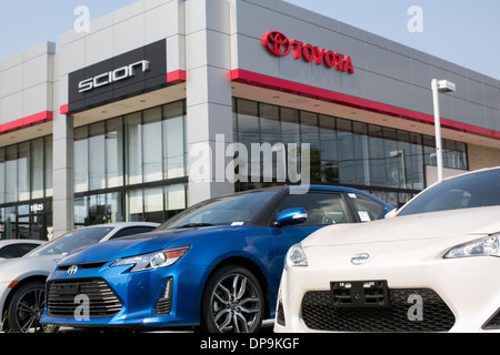 A Toyota and Scion dealer lot in suburban Maryland.  Stock Photo