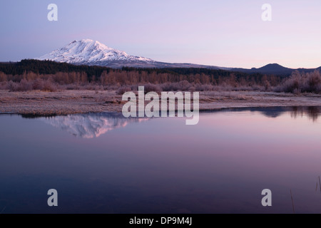 An amazing still lake scene in front of Mount Adams Washington Stock Photo