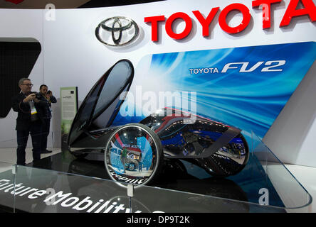 Las Vegas, USA. 8th Jan, 2014. Japan's automaker Toyota presents its concept car FV2 at the 2014 Interntional Consumer Electronics Show (CES) in Las Vegas, the United States, Jan. 8, 2014. A lot of exhibitors show off their newly-developed smart cars or intelligent systems during the annual CES. Credit:  Yang Lei/Xinhua/Alamy Live News Stock Photo