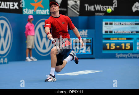 Sydney, Australia. 10th Jan, 2014. Dmitry Tursunov from Russia in action against Juan Martin del Potro from Argentina during their semi final match at the Apia International Sydney Tennis Tournament , Australian Open Series, at the Sydney Olympic Park Tennis Centre, Homebush Credit: © Action Plus Sports Images/Alamy Live News  Stock Photo