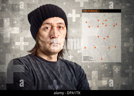 Face detection software recognizing a face of man with black cap Stock Photo