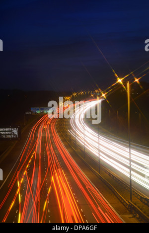 traffic headlight trails of traffic on the A1/M motorway Leeds Yorkshire United Kingdom Stock Photo