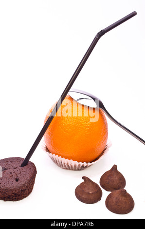 Juice, cake and chocolate concept on white background Stock Photo