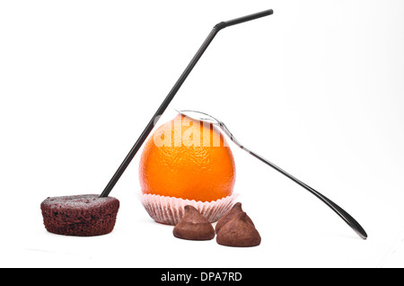 Juice, cake and chocolate concept on white background Stock Photo