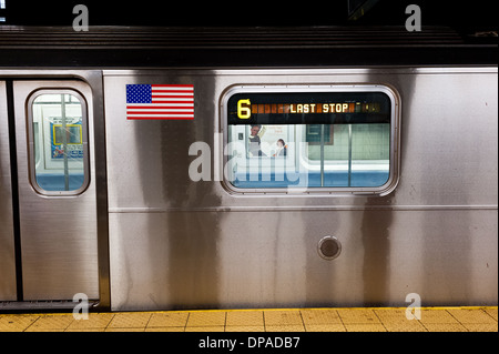 New York subway train waits at the last stop station Stock Photo