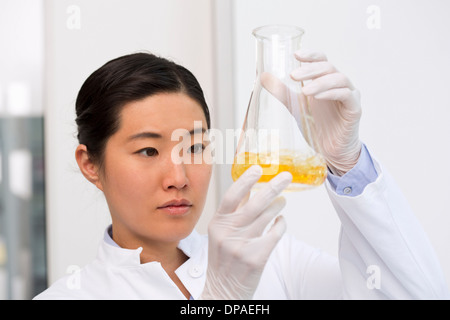 Female scientist examining bacterial growth in flask containing LB (Lysogeny broth) medium Stock Photo