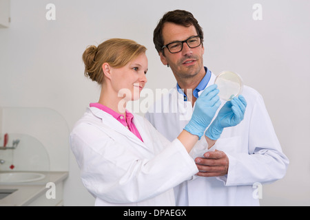 Scientists examining bacterial growth/plaques in petri dish Stock Photo