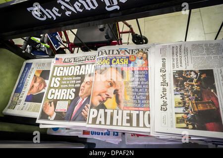 New York newspaper covers on Friday, January 10, 2014 feature New Jersey Governor Chris Christie's news conference about his and his staff's involvement in the closing of lanes on the George Washington Bridge during rush hours in Sept. 2013 as punishment for Ft. Lee, NJ Mayor Mark Sokolich not supporting him. Christie had an almost 2-hour press conference defending himself and blaming his staff for the alleged retribution. Credit:  Richard Levine/Alamy Live News Stock Photo