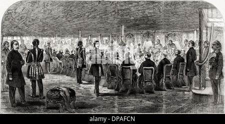Banquet on board FAID GIHAAD yacht of the Viceroy of Egypt. Victorian woodcut engraving circa 1862 Stock Photo