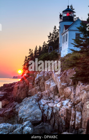 Sunset at Bass Harbor Lighthouse in Acadia National Park on Mount Desert Island, Maine Stock Photo