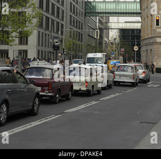 Four East German Trabant 601 cars in traffic queuing along Eberstrasse at the junction with Ebertstrasse, Berlin, Germany Stock Photo