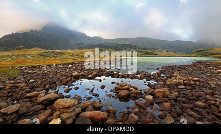 Bombasel lakes, lake vegetation. The Lagorai mountain massif. The Fiemme Valley, Trentino. Mountain landscape. Stock Photo