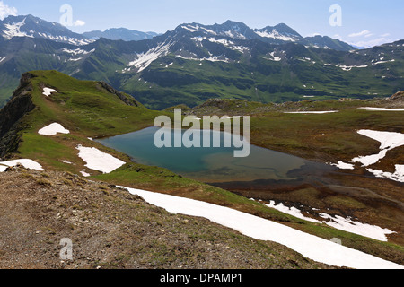 Lac de Mya. Alpine landscape, lake reflection; Vallée des Glaciers. The Mont Blanc mountain massif. French Alps. Stock Photo