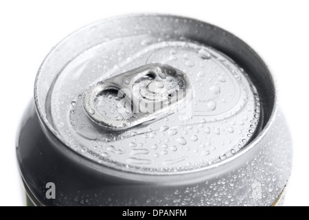 Close-up of metallic beer or soda can on white background. Metal can shoot from top. Stock Photo