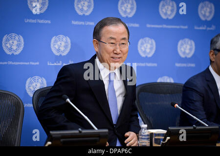 New York, USA. 10th Jan, 2014. United Nations Secretary-General Ban Ki-moon speaks during his first press conference of the New Year, at the UN headquarters in New York, on Jan. 10, 2014. The United Nations faces an 'overflowing in-box of conflicts and disasters of growing severity, frequency and complexity' in the New Year, said Ban Ki-moon Friday. Credit:  Niu Xiaolei/Xinhua/Alamy Live News Stock Photo