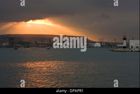 Harbor area with ships and cranes. Cargo industry of Varna town. Stock Photo