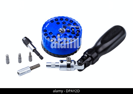 ratchet screwdriver and bit set isolated on white background Stock Photo