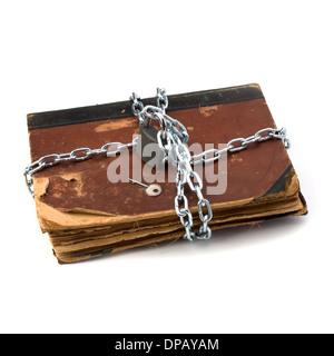 tattered book with chain and padlock isolated on white background Stock Photo