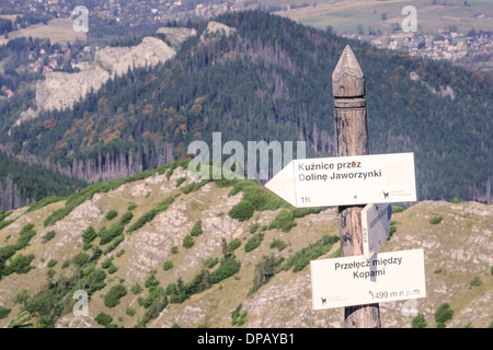 Sign on hiking trail in High Tatra Mountains, Zakopane, Poland, Europe Stock Photo