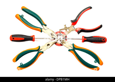 Electrician used tools on white background Stock Photo