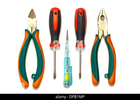 Electrician used tools on white background Stock Photo