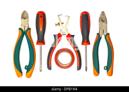 Electrician used tools on white background Stock Photo