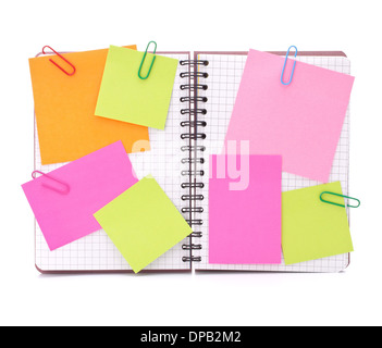 Blank checked notebook with notice papers isolated on white background cutout Stock Photo