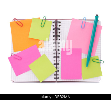 Blank checked notebook with notice papers isolated on white background cutout Stock Photo