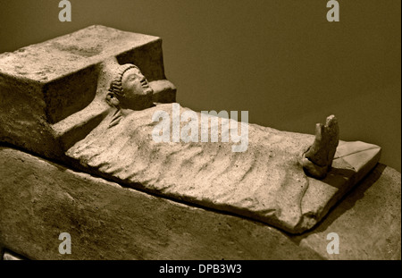 Cinerary Funerary Burial Urn ( Display of a body on the funerary bed ) 510 BC Cerveteri Etruscan Necropolis Tuscany Italy Stock Photo