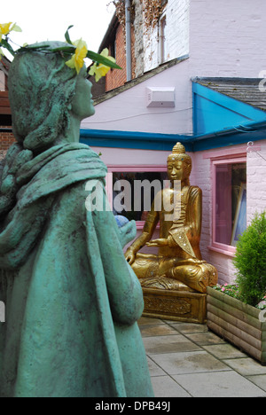 sculptures at the Glastonbury Experience in Glastonbury High Street Somerset England Stock Photo