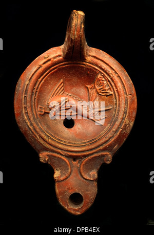 Symbols of the sea god Poseidon (The dolphin is the boon companions of the sailors) Oil Lamp 100 AD Roman  Staatliche Antikensammlungen in Munich Stock Photo