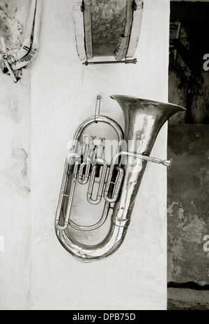 A tuba in Udaipur in Rajasthan in India in South Asia. Music Musical Instrument Trumpet Still Life Culture Travel Wanderlust Stock Photo