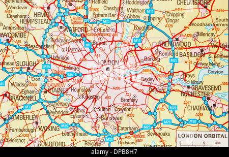 A traditional paper map (maps) of England showing the M25 orbital route & London areas Stock Photo