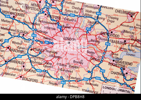 A traditional paper map (maps) of England showing the M25 orbital route & London areas Stock Photo