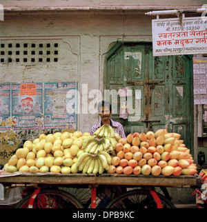 A fruit seller stall at the market in Udaipur in Rajasthan in India in South Asia. Business Trade Food Portrait Street Markets Urban Life Occupation Stock Photo