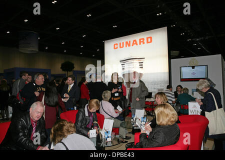 London, UK. 11th January 2014. Cunards stand at the London Cruise Show 2014 in Excel. Credit:  Keith Larby/Alamy Live News Stock Photo