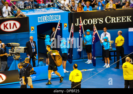 Andy Murray and Ivan Lendl tennis coach at the Rod Lever Arena Melbourne Park on court play in the Australian Open with Novak Stock Photo